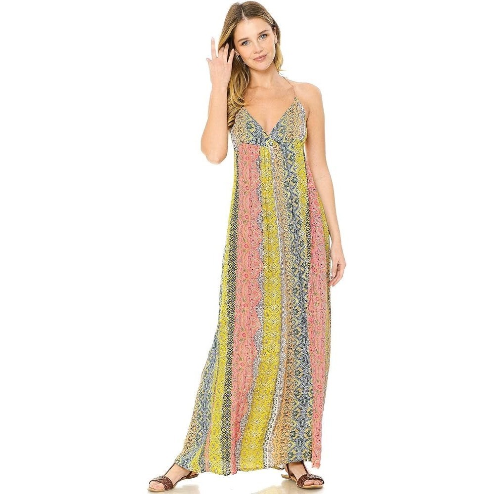 Boho Patchwork Print V-Neck Maxi Dress Yellow‎ Pink Blue Small Sleeveless Summer